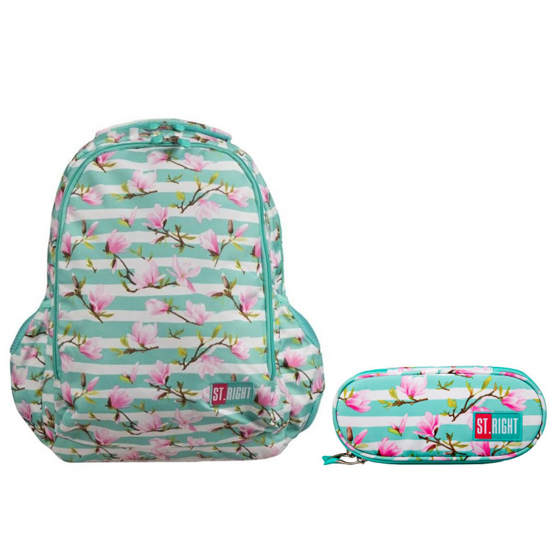 St.RIGHT School set double chamber backpack + case Flower Magnolia