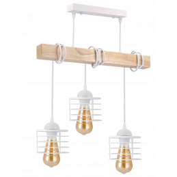 LED pendant ceiling light, wooden beam, 3xE27, white spring
