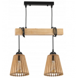 Hanging ceiling LED light, wooden beam, 2xE27 conical chandelier