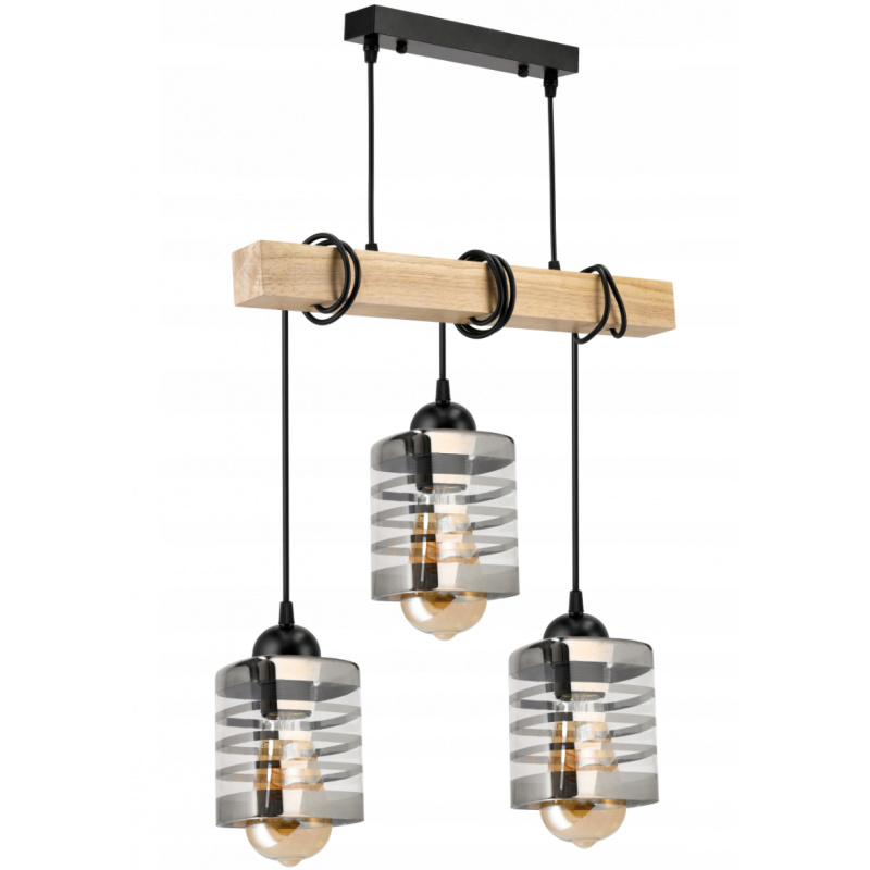 Hanging Ceiling Light LED Wooden Beam 3xE27 Loft Glass Strips