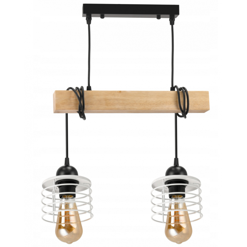 Hanging Ceiling Light LED Wooden Beam 2xE27 Chandelier Spring White