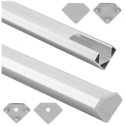Corner profile for LED strips, 2m, anodized + opal cover + 2x end caps