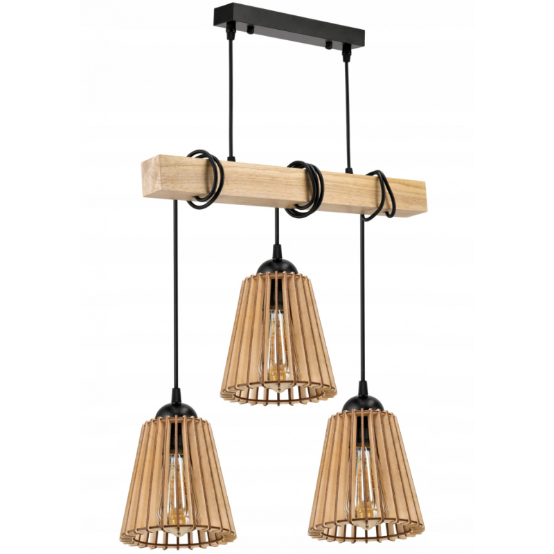 Hanging Ceiling Light LED Wooden Beam 3xE27 Chandelier Wooden Cone