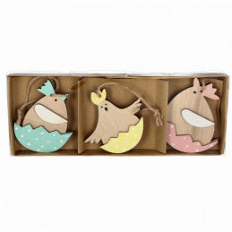 Set of 6 wooden hanging chick decorations