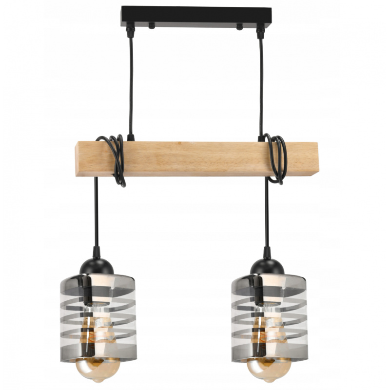 Hanging Ceiling Light LED Wooden Beam 2xE27 Chandelier Glass Strips