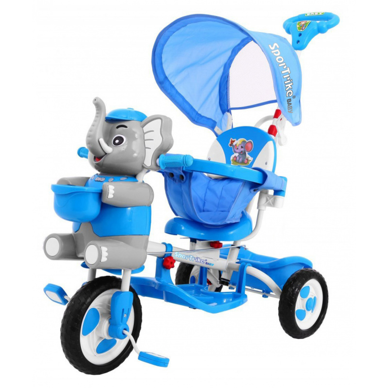 Children's tricycle Elephant Blue + sounds + canopy + barrier + footrest + handle + runners + storage space