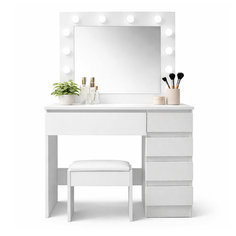 Aga Dressing table with mirror and lighting + stool Matte white