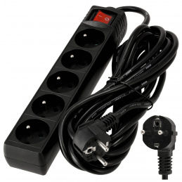 Power strip with 5 sockets, 5m, black, IP20 with switch, 3680W