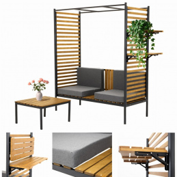 Garden pergola with bench with backrest and table set