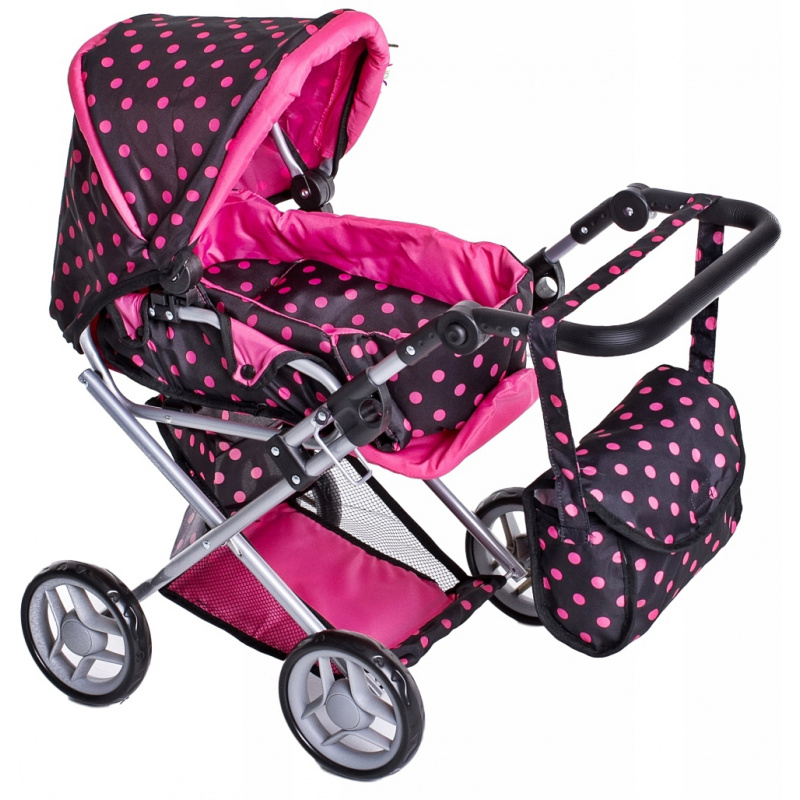 Doris Stroller for dolls 9346 Black with pink polka dots