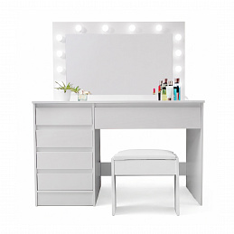 Aga Dressing table with mirror and lighting + stool Matte white