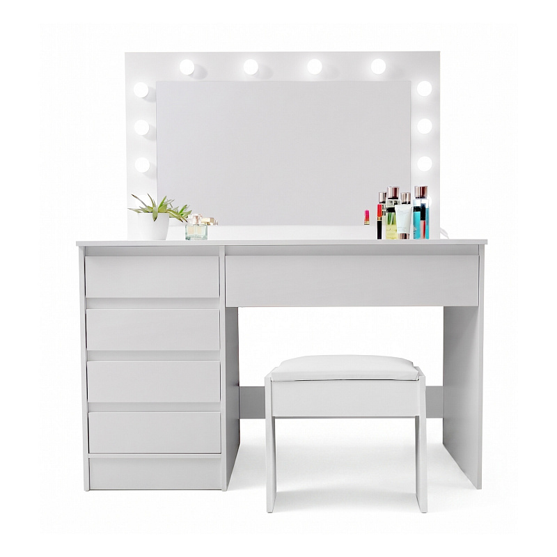 Aga Dressing table with mirror and lighting + stool Matte white