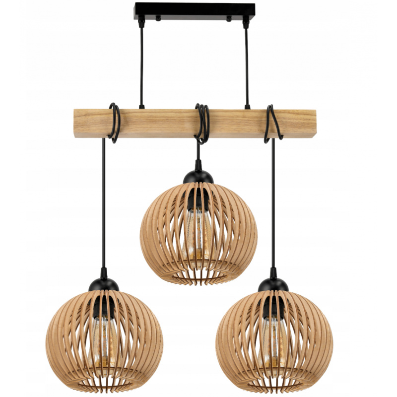 Hanging Ceiling Light LED Wooden Beam 3xE27 Chandelier Dense Ball LUCA