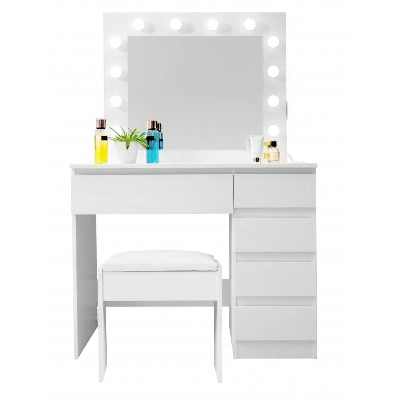 Aga Dressing table with mirror, lighting and el.drawer + Stool Matte White