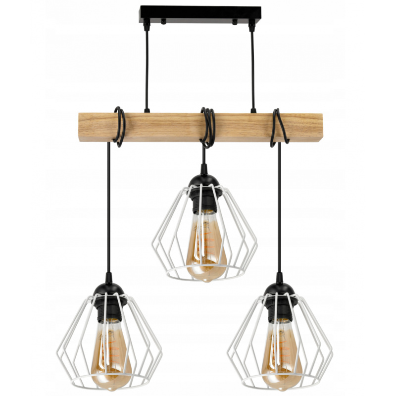 Hanging Ceiling Light LED Wooden Beam 3xE27 Chandelier Diamonds White
