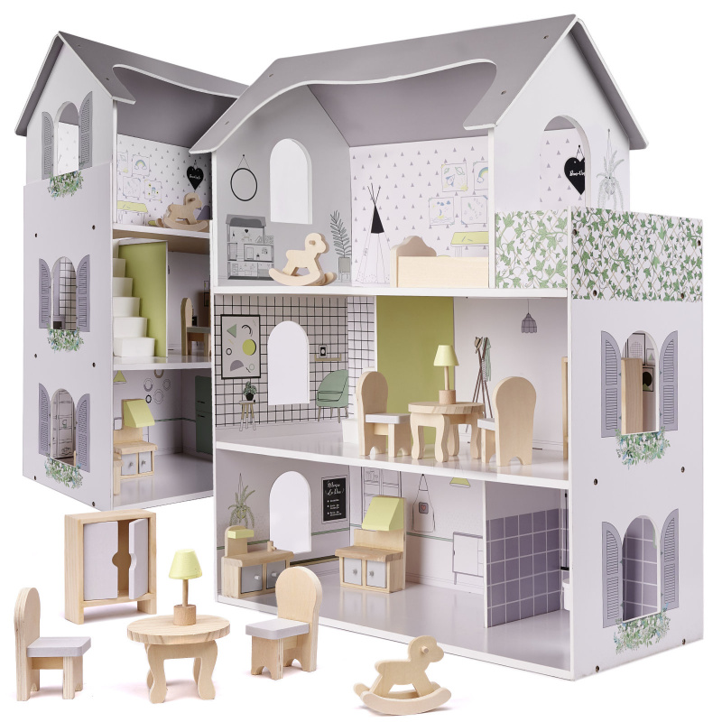 Aga Wooden dollhouse with furniture 70 cm Grey