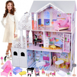 Large Azure Wooden Dollhouse + Elevator Garage Balcony Furniture ZA5388 Universal