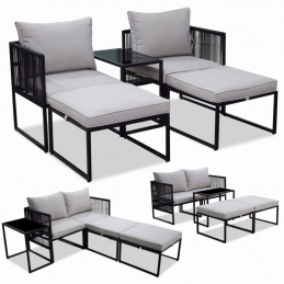 Garden set on a steel frame: 2 chairs, table, 2 stools, and cushions