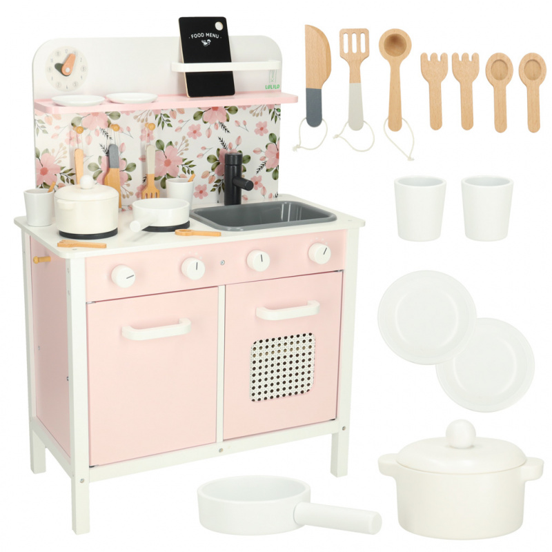 Wooden kitchen unit with pink flowers oven LULILO