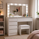 Aga Dressing table with mirror and lighting + stool Matte white