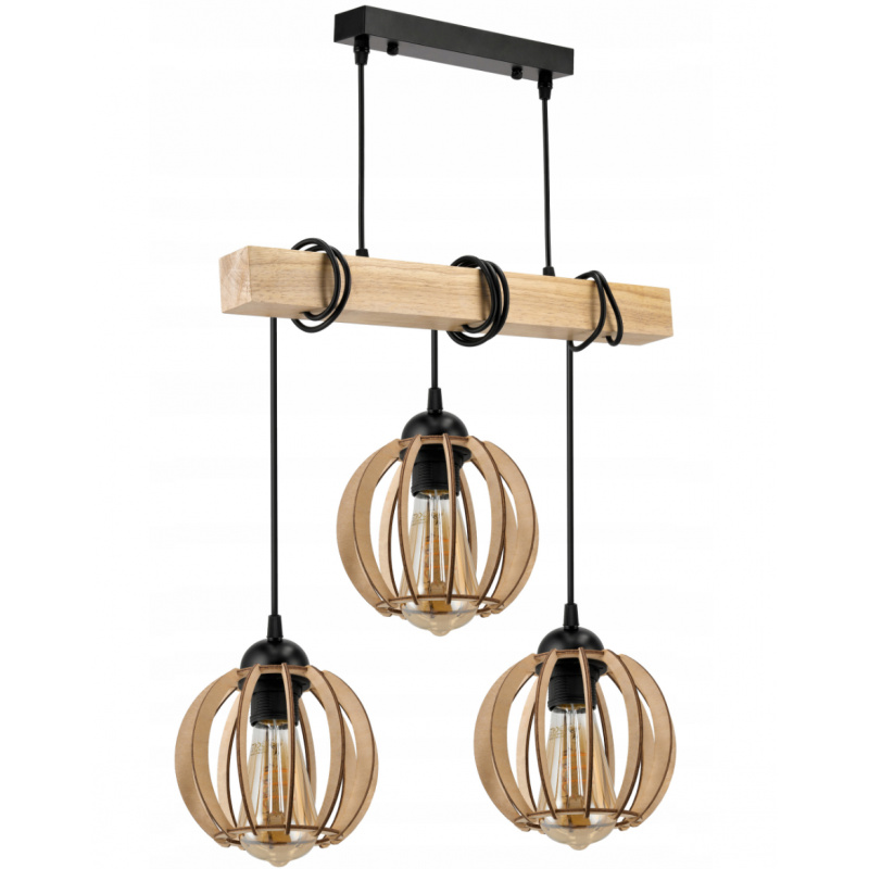 Hanging Ceiling Light LED Wooden Beam 3xE27 Loft Wooden Ball