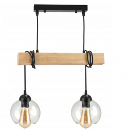Hanging ceiling LED light wooden beam 2xE27 Chandelier clear globe