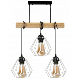Hanging Ceiling Light LED Wooden Beam 3xE27 Chandelier Diamonds White