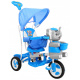 Children's tricycle Elephant Blue + sounds + canopy + barrier + footrest + handle + runners + storage space