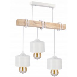 LED pendant ceiling light, wooden beam, 3xE27, metal cup - white