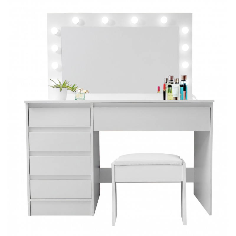 Aga Dressing table with mirror and lighting + stool Matte white