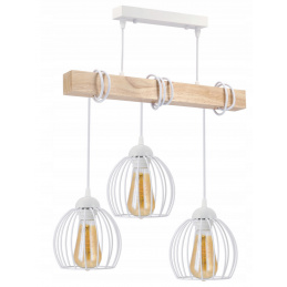 LED pendant ceiling light, wooden beam, 3xE27, wire sphere - white
