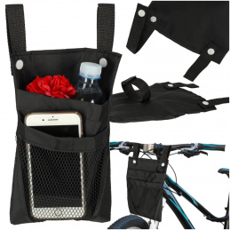 Black phone bag on scooter handlebars