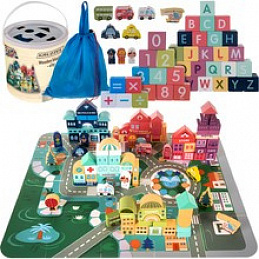 Wooden blocks with city mat 100 pcs 6DZ153 - SECOND QUALITY