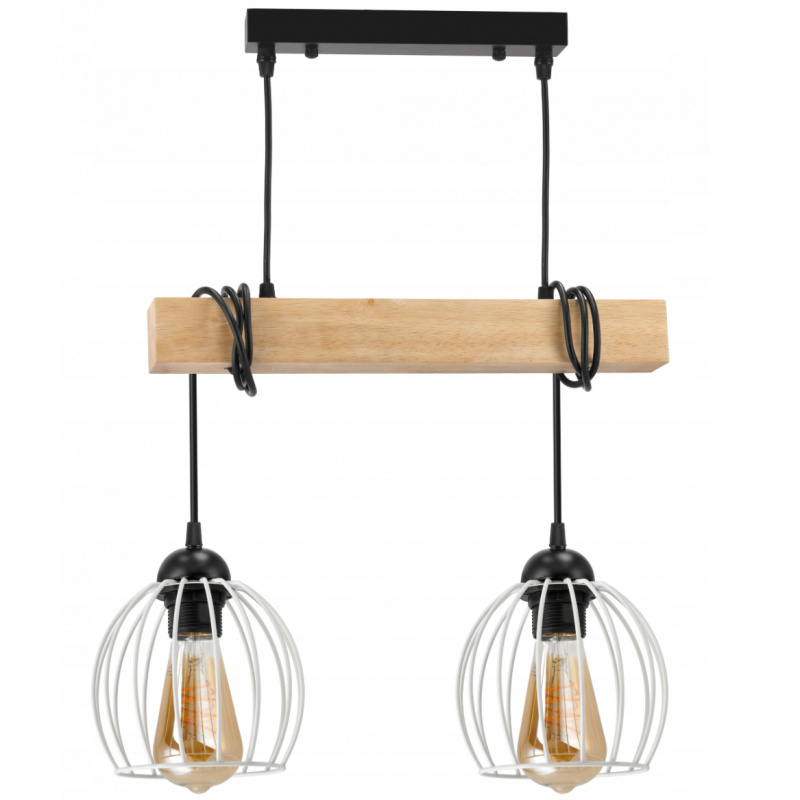 Hanging Ceiling Light LED Wooden Beam 2xE27 Wire Spherical Chandelier