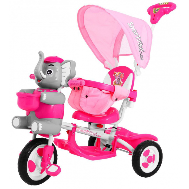 children's tricycle Elephant Pink + sounds + canopy + barrier + footrest + handle + runners + storage space