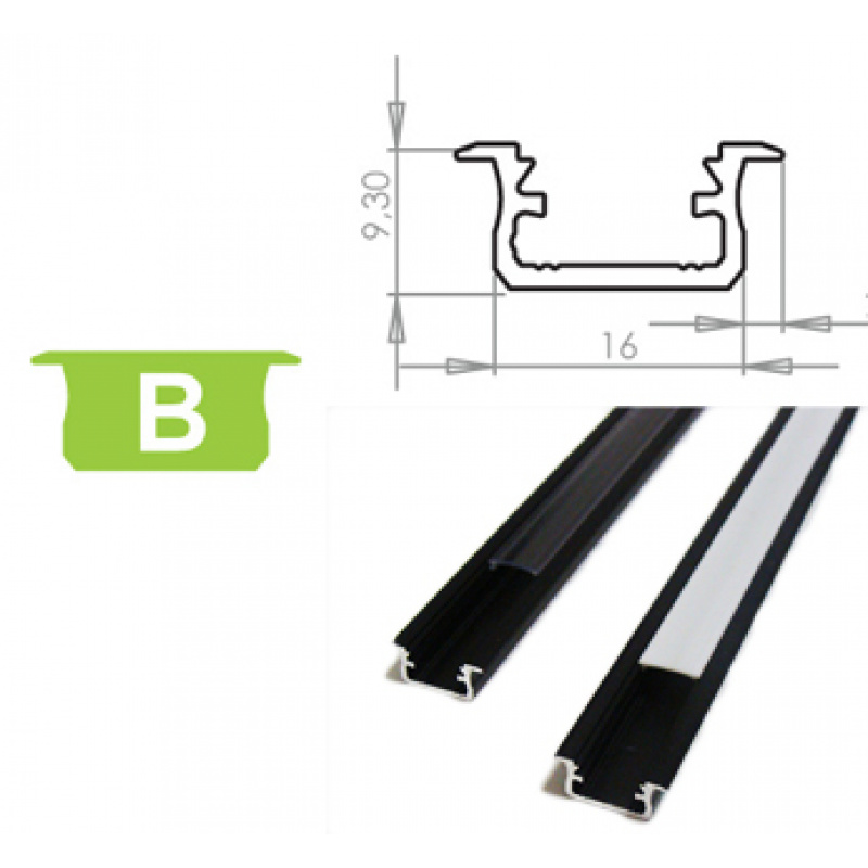 Aluminum profile for LED strips B recessed Anodized black 1m