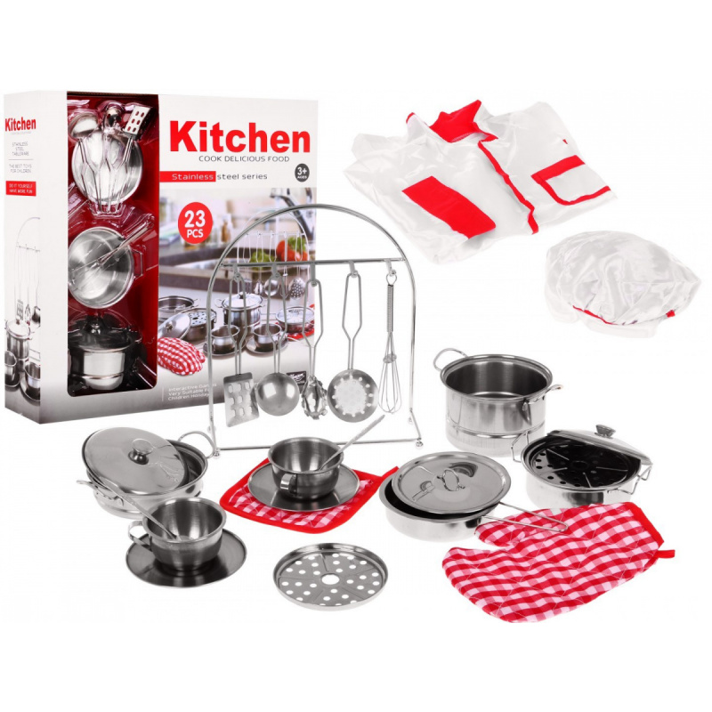 Cooking set for children 3+ Pots + Kitchen utensils + Chef's outfit + Accessories 23 pcs.