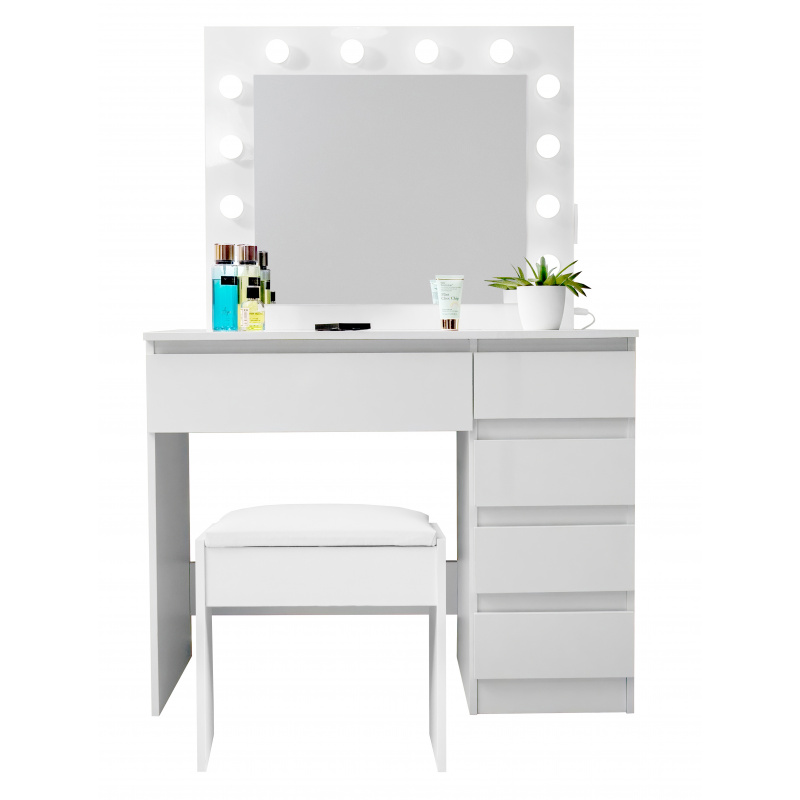 Aga Dressing table with mirror, lighting and el.drawer + stool Glossy white