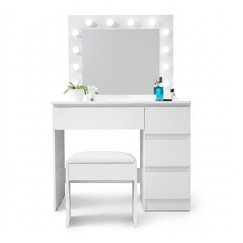 Aga Dressing table with mirror and lighting + stool Matte white
