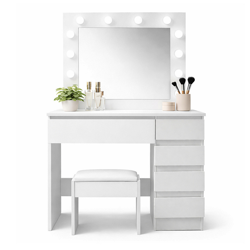 Aga Dressing table with mirror, lighting and el.drawer + Stool Matte White