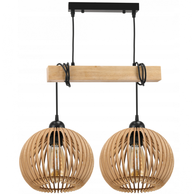 Hanging Ceiling Light LED Wooden Beam 2xE27 Dense Ball Chandelier Luca