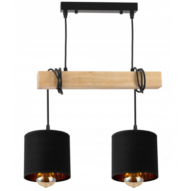 Hanging Ceiling Light LED Wooden Beam 2xE27 Chandelier Loft Lampshade Gold