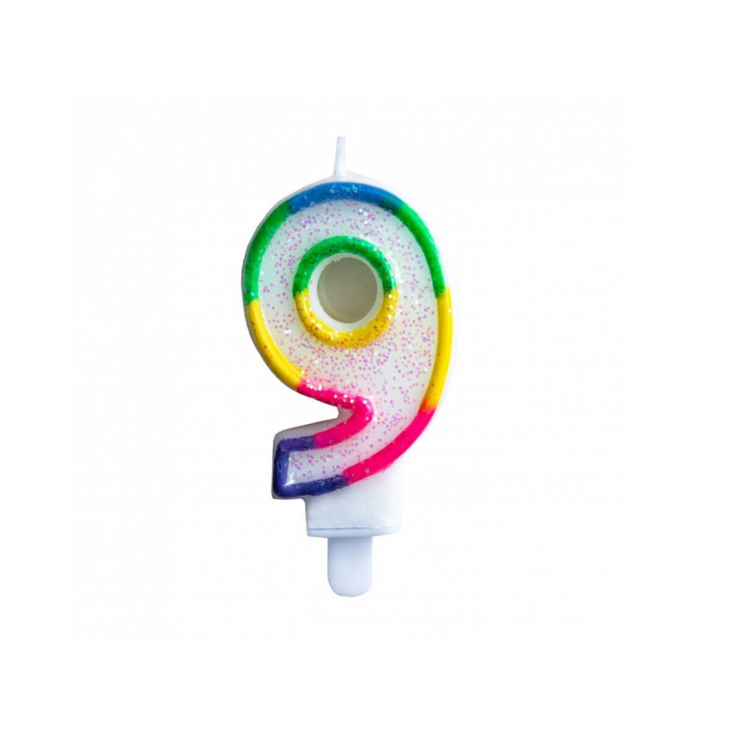 Aga4Kids Cake Candle 9 glitter with rainbow rim