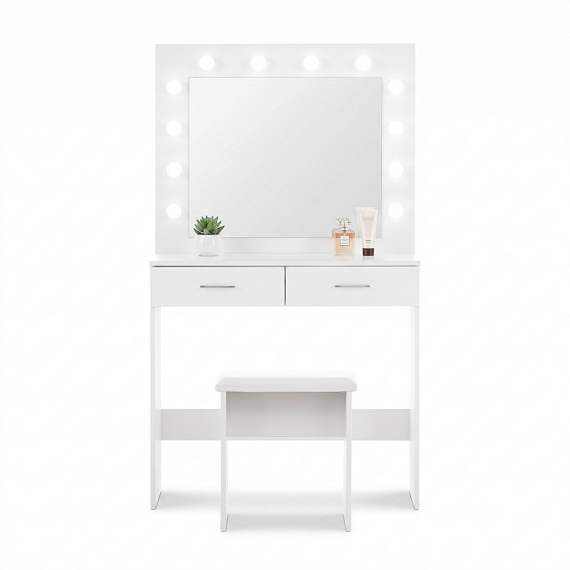 Aga Dressing table with mirror and lighting + stool Matte white