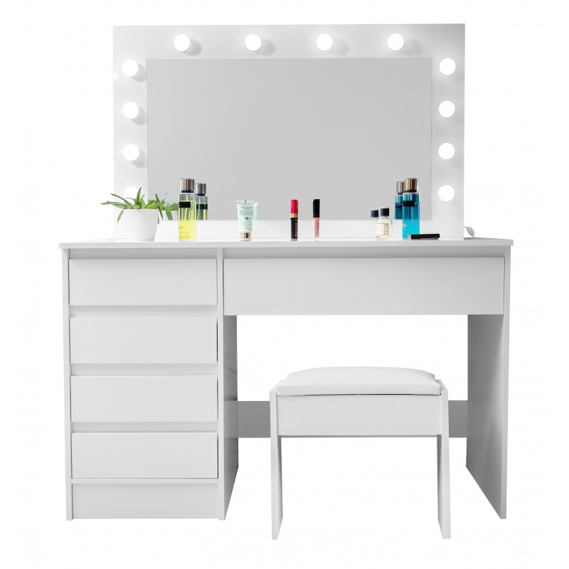 Aga Dressing table with mirror and lighting + stool Glossy white
